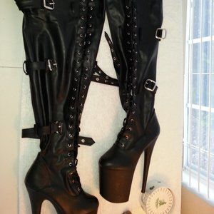 Worn Thigh High Black Dancer Platform Boots